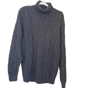 Carraig Donn Irish Merino Wool Cable Knit Fisherman Turtleneck Sweater Gray M
